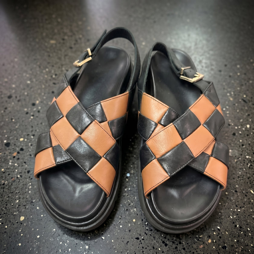 The Olmo Hnandcrafted Black & Tan Woven Leather Slingback Sandals with Rugged Lug Sole for Men