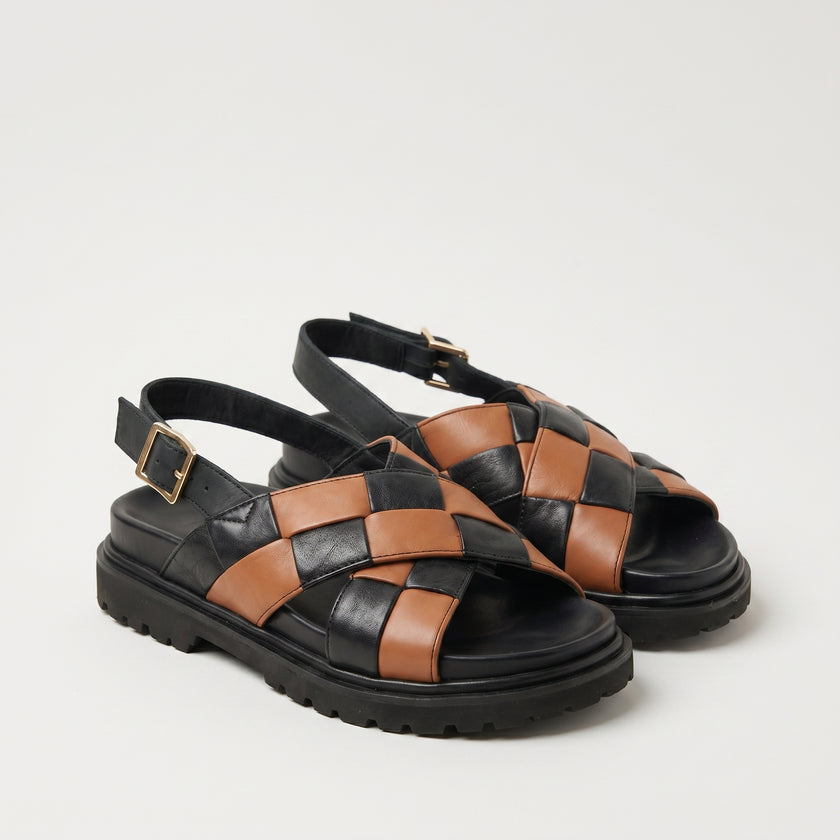 The Olmo Hnandcrafted Black & Tan Woven Leather Slingback Sandals with Rugged Lug Sole for Men
