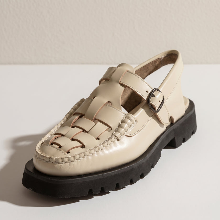 The Valerio Handcrafted Artisan Cream Leather Refined Open-Weave Slingback Shoes with Chunky Lug Sole Sandals for Men