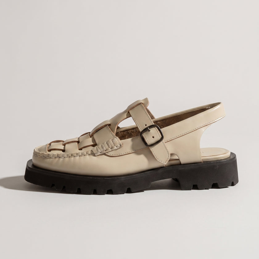 The Valerio Handcrafted Artisan Cream Leather Refined Open-Weave Slingback Shoes with Chunky Lug Sole Sandals for Men