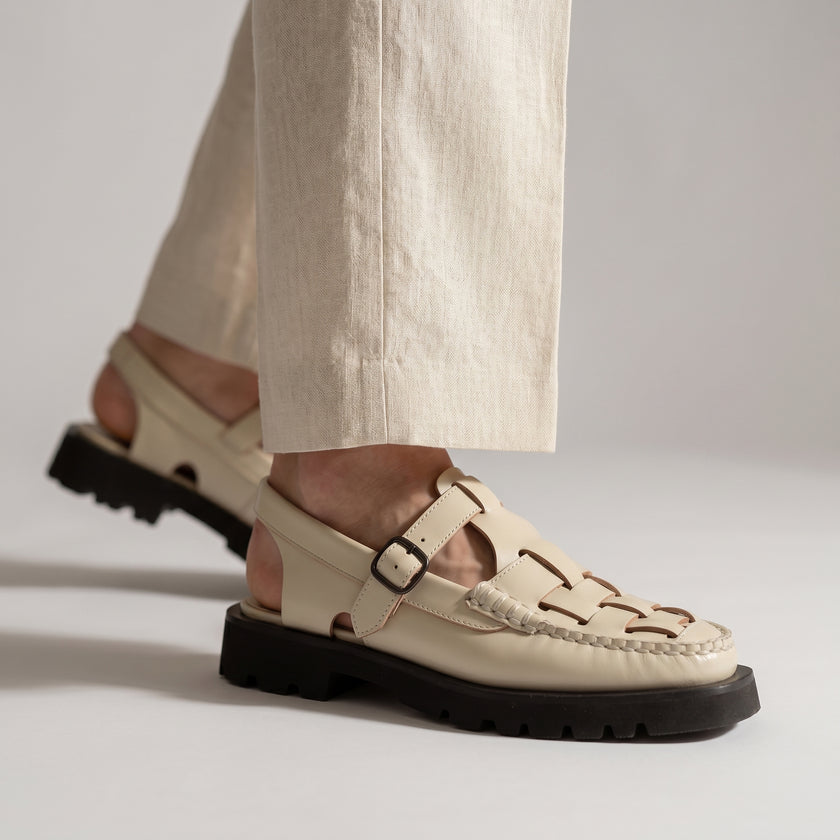 The Valerio Handcrafted Artisan Cream Leather Refined Open-Weave Slingback Shoes with Chunky Lug Sole Sandals for Men