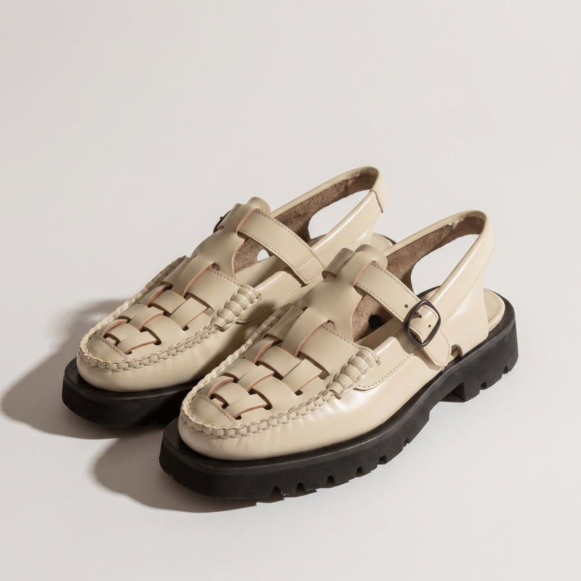 The Valerio Handcrafted Artisan Cream Leather Refined Open-Weave Slingback Shoes with Chunky Lug Sole Sandals for Men