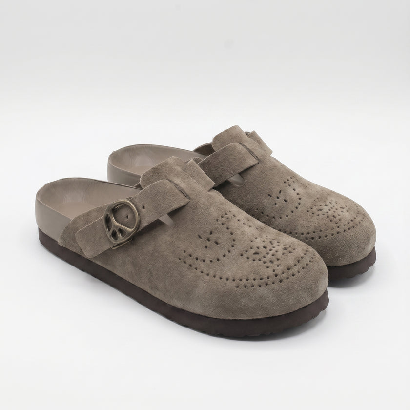 The Montavio Handcrafted Grey Suede Finish Brogue-Inspired Perforation Signature Buckle Strap Textured Comfort Sole Slip-Ons for Men