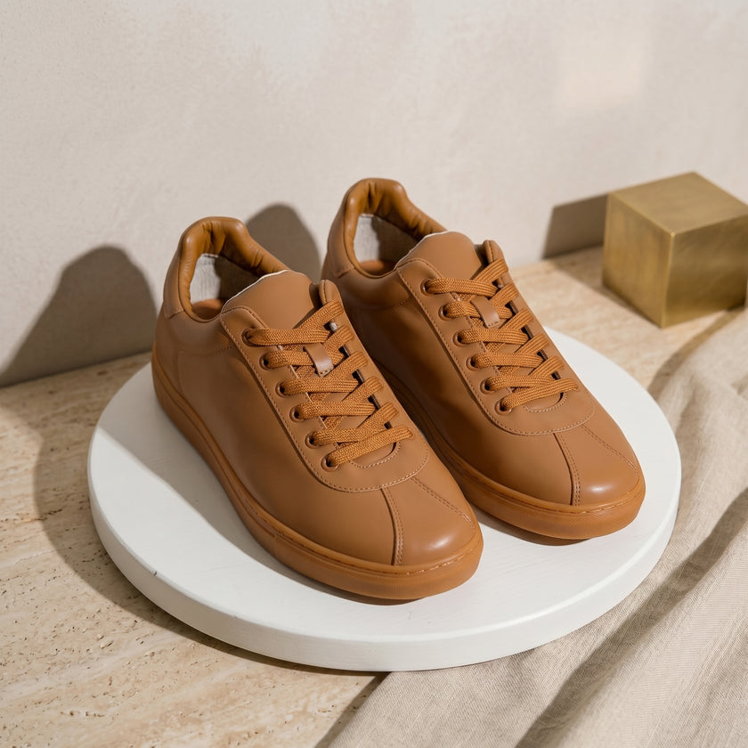 The Aurelio Hancrafted Caramel Leather Low-Top Sneakers Refined Everyday Footwear with Contemporary Appeal