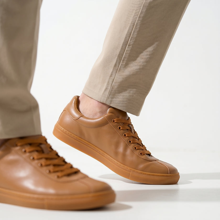 The Aurelio Hancrafted Caramel Leather Low-Top Sneakers Refined Everyday Footwear with Contemporary Appeal