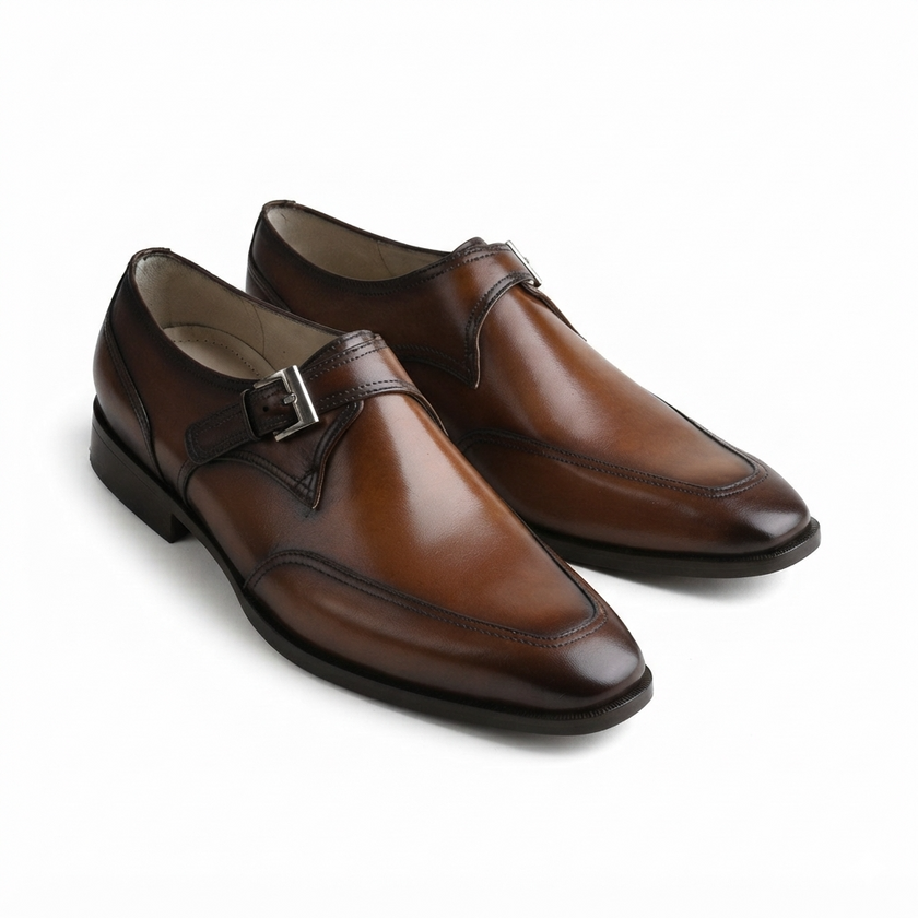 The Torino Cognac Handcrafted Brown Leather Single Monk Strap Formal Shoes for Men