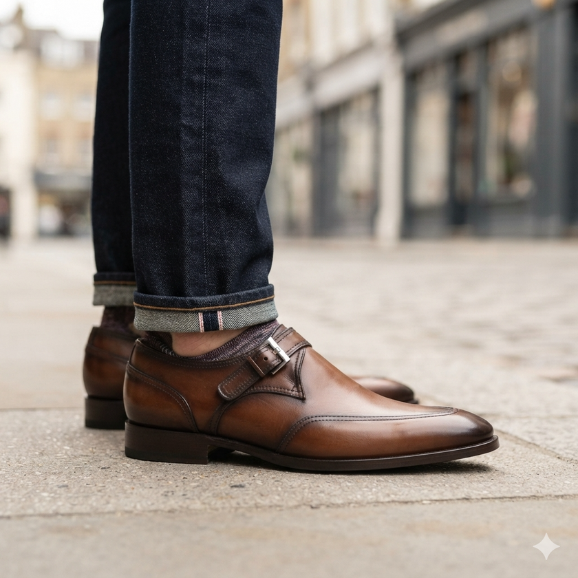 The Torino Cognac Handcrafted Brown Leather Single Monk Strap Formal Shoes for Men
