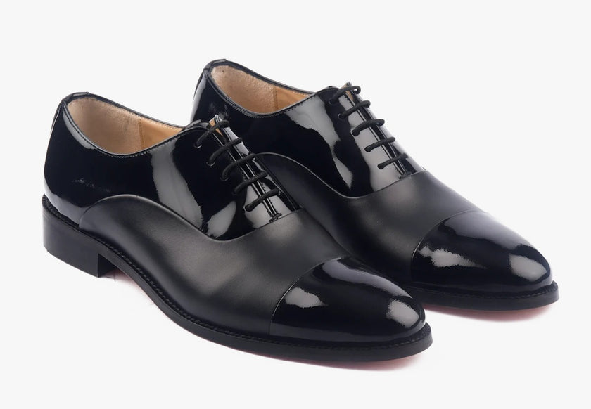 The Élan Noir Handcrafted Black Patent & Matte Leather Cap-Toe Oxfords for men