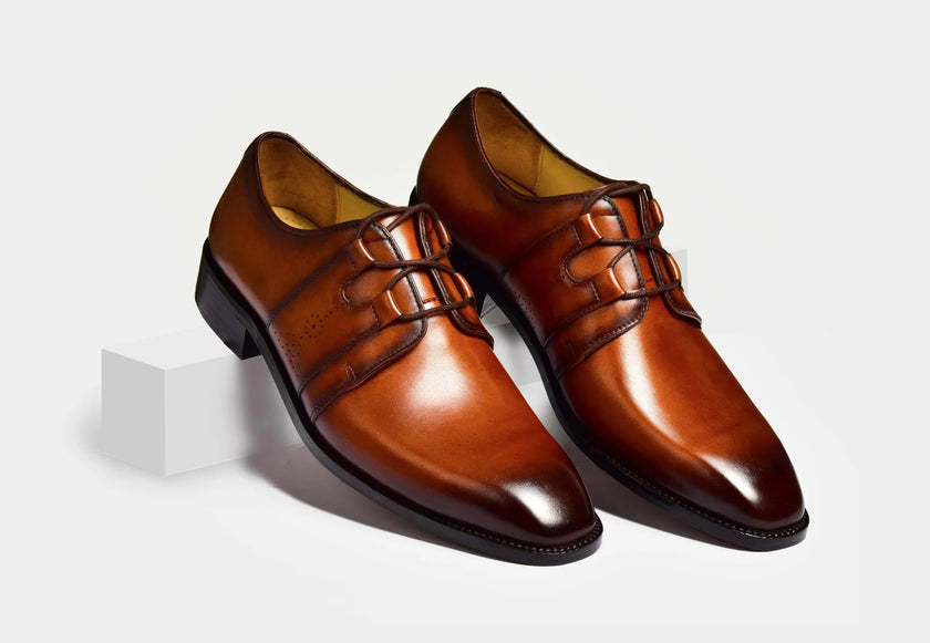 The Monaco Prestige Cognac Leather Derby Shoes with Sculpted Lace Panels, Refined Perforated Accents and a Luxurious Polished Finish for Men