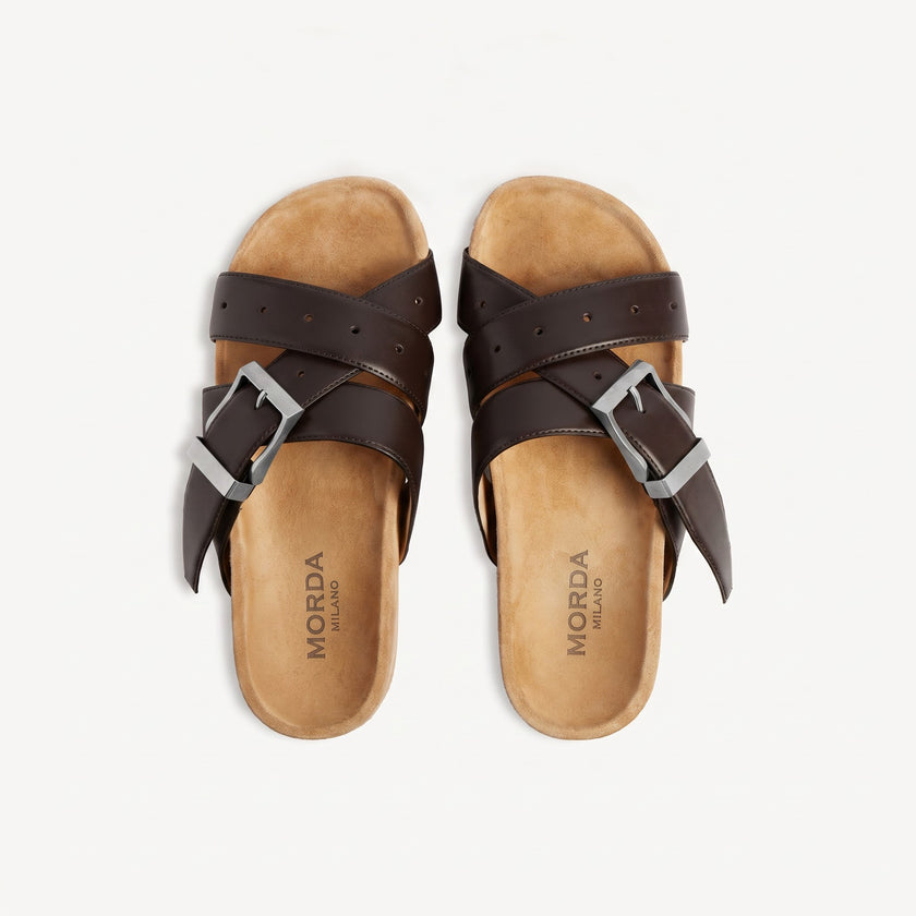 The Monza Handcrafted Dark Brown Double Buckle Cross Strap Leather Sandals for Men