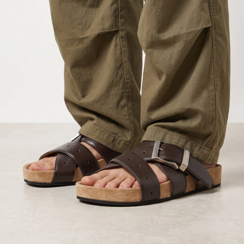 The Monza Handcrafted Dark Brown Double Buckle Cross Strap Leather Sandals for Men