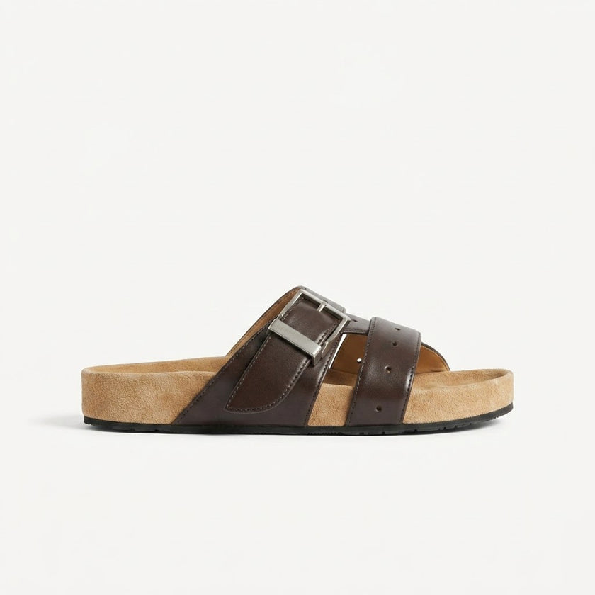 The Monza Handcrafted Dark Brown Double Buckle Cross Strap Leather Sandals for Men