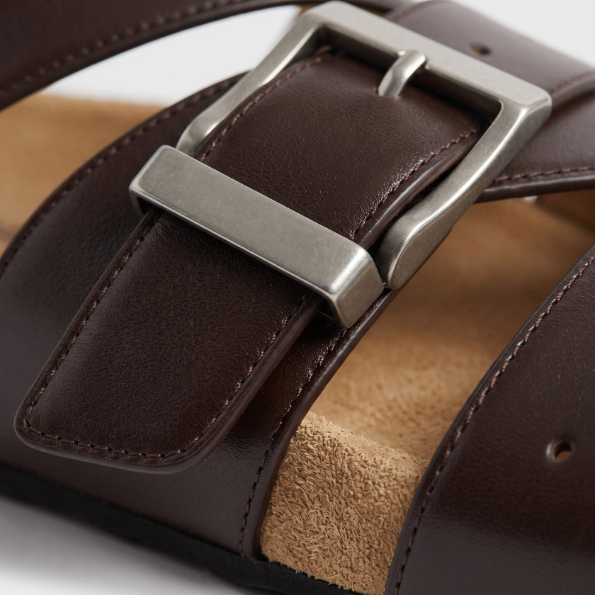 The Monza Handcrafted Dark Brown Double Buckle Cross Strap Leather Sandals for Men
