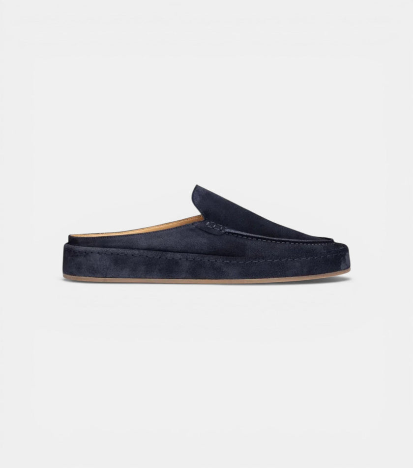 The Pisa Slip Ons - Handcrafted Navy Blue Suede Leather Open-Back for men