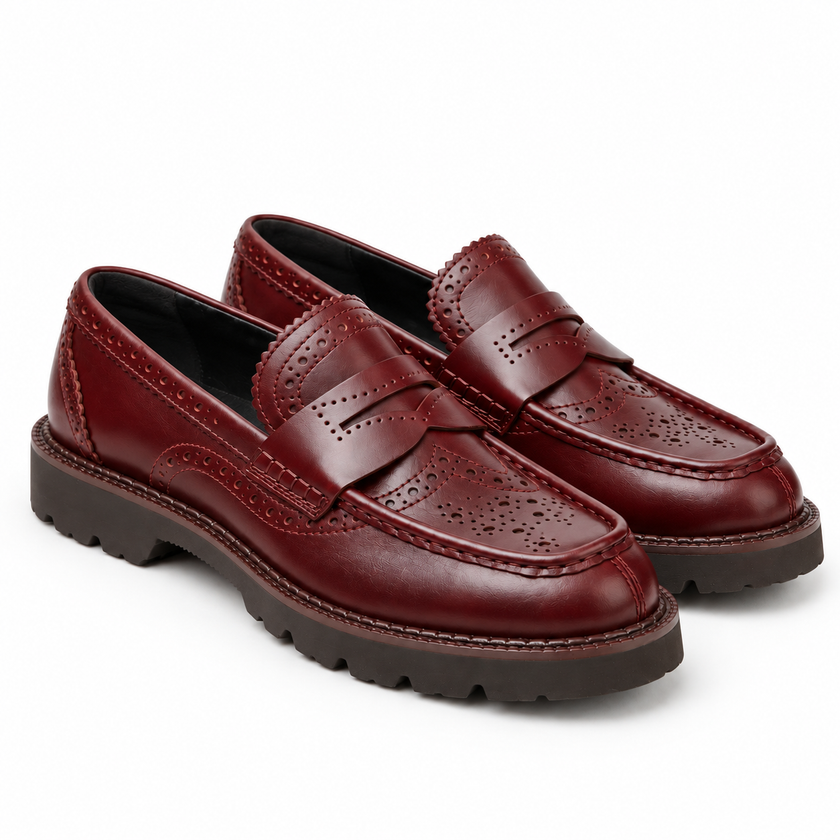 The Valenor Handcrafted Burgundy Leather Brogue Detailing, Refined Moc-Toe Silhouette & Polished Heritage Finish Penny Loafers