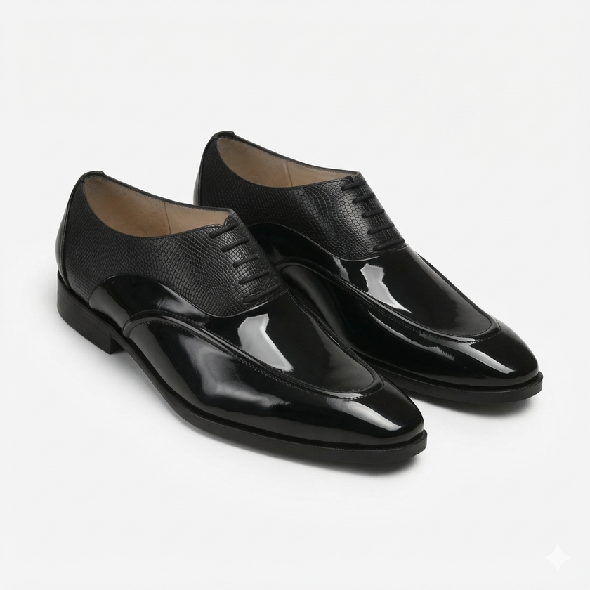The Noir Élan Handcrafted Black Patent Leather & Textured Leather Dress oxfords for Men