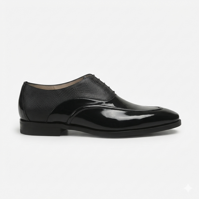 The Noir Élan Handcrafted Black Patent Leather & Textured Leather Dress oxfords for Men