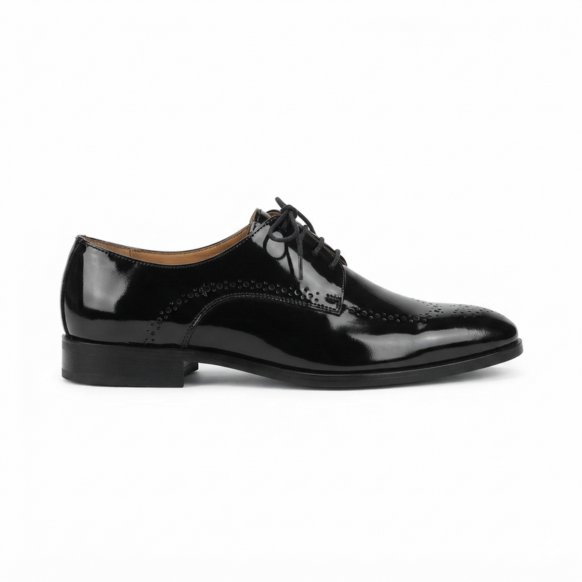 The Mantova Handcrafted Black Patent Leather Brogue Lace-Up Derby for Men