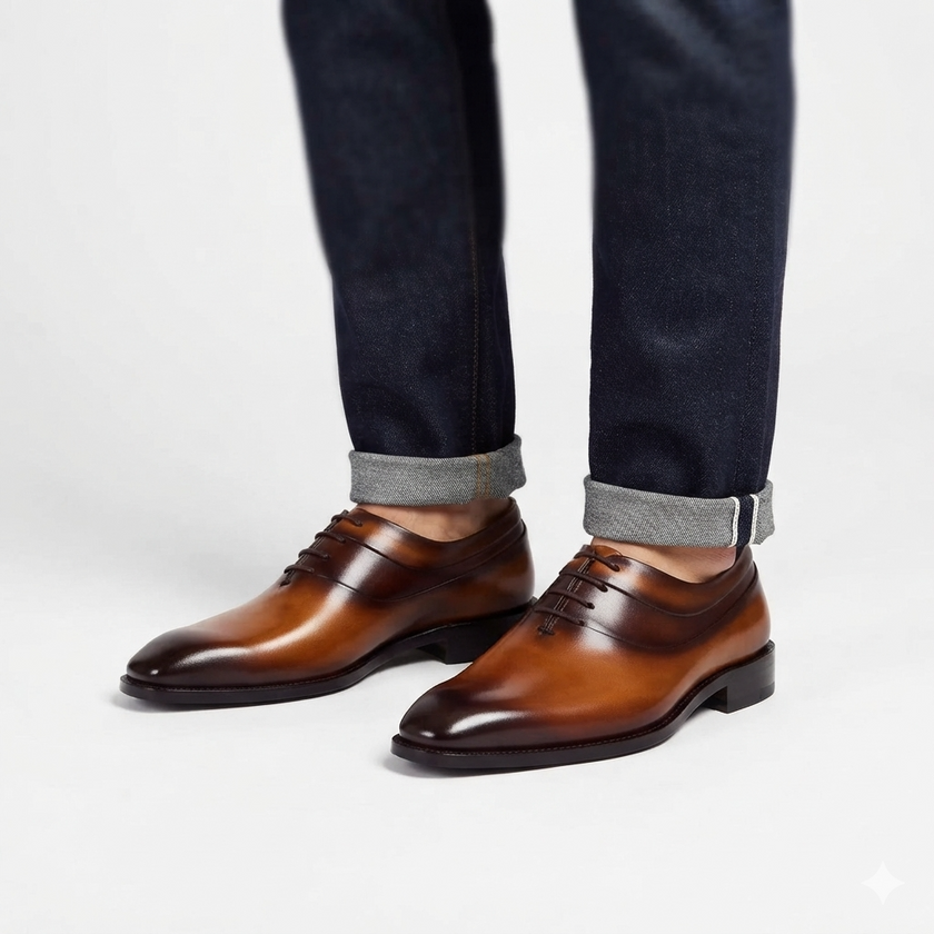 The Lorenzo Milano Handcrafted Burnished Cognac Leather Cap-Toe Oxfords for men