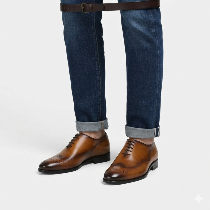 The Aurelius Milano Handcrafted Leather Wingtip Oxford Shoes for Men with Refined Brogue Detailing and Rich Cognac Patina