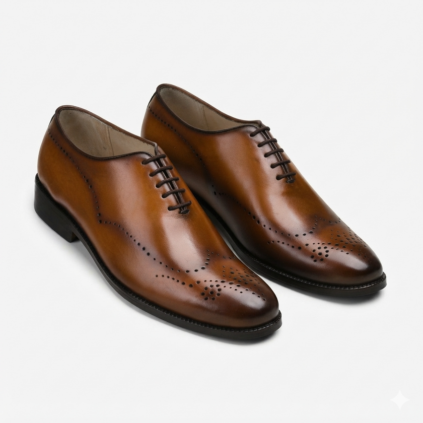 The Aurelius Milano Handcrafted Leather Wingtip Oxford Shoes for Men with Refined Brogue Detailing and Rich Cognac Patina