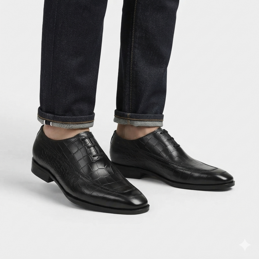 The Noir Regent Handcrafted Crocodile Embossed Leather Oxfords for Men