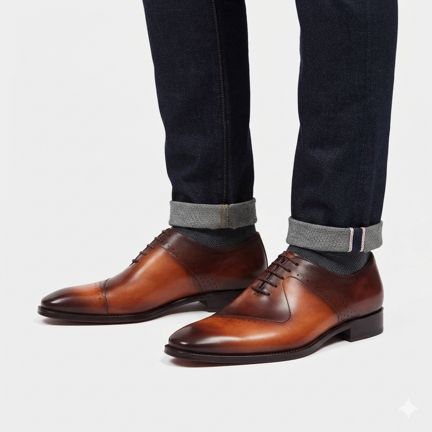 The Verona Prestige Leather Oxfords with Hand Finished Patina, Refined Brogue Detailing and Classic Almond Toe for Men