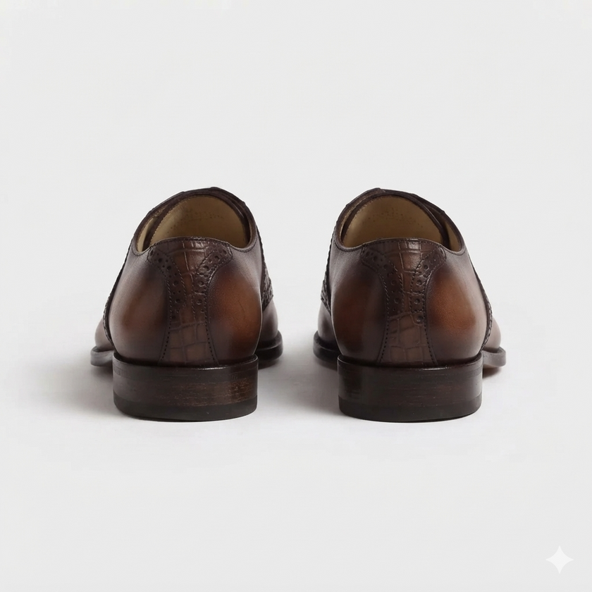 The Savile Heritage Leather Oxfords with Hand Finished Burnished Patina, Crocodile Embossed Detailing and Refined Almond Toe for Men