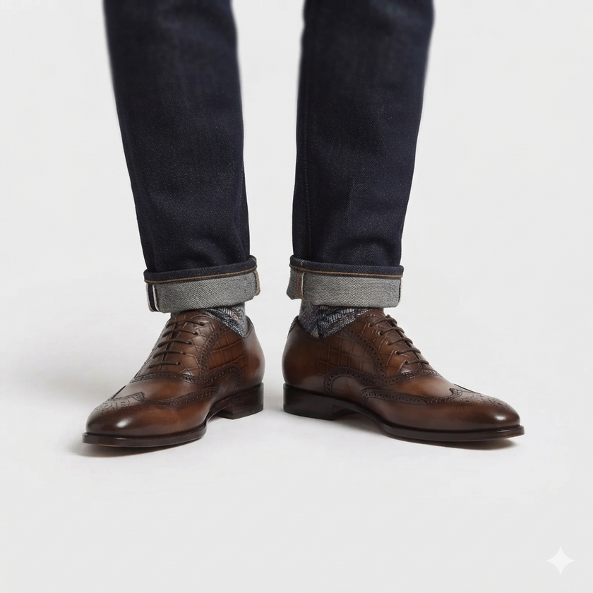 The Savile Heritage Leather Oxfords with Hand Finished Burnished Patina, Crocodile Embossed Detailing and Refined Almond Toe for Men
