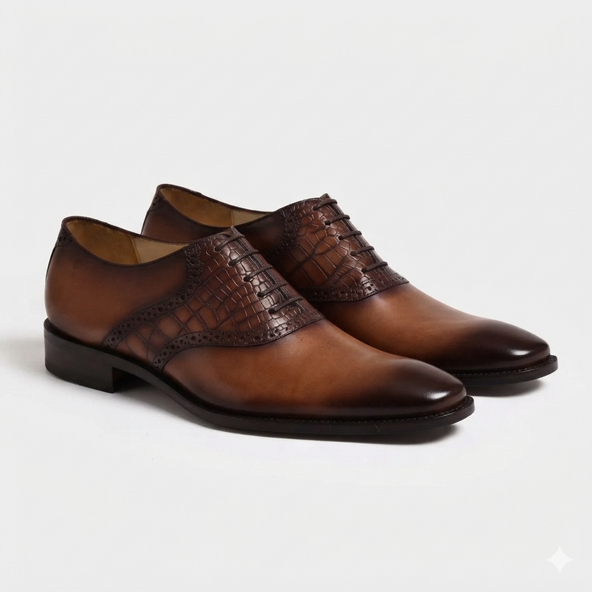 The Savile Heritage Leather Oxfords with Hand Finished Burnished Patina, Crocodile Embossed Detailing and Refined Almond Toe for Men