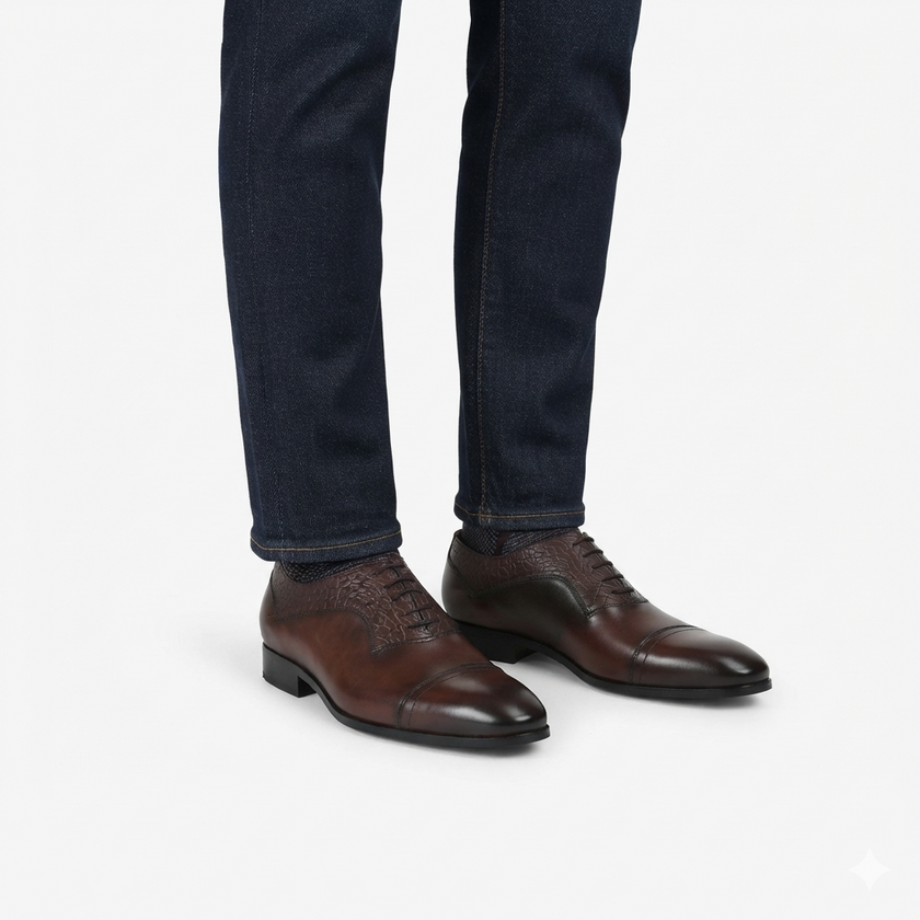 The Windsor Royale Leather Cap Toe Oxfords with Crocodile Embossed Quarters, Sleek Almond Toe and Hand Finished Deep Brown Patina for Men