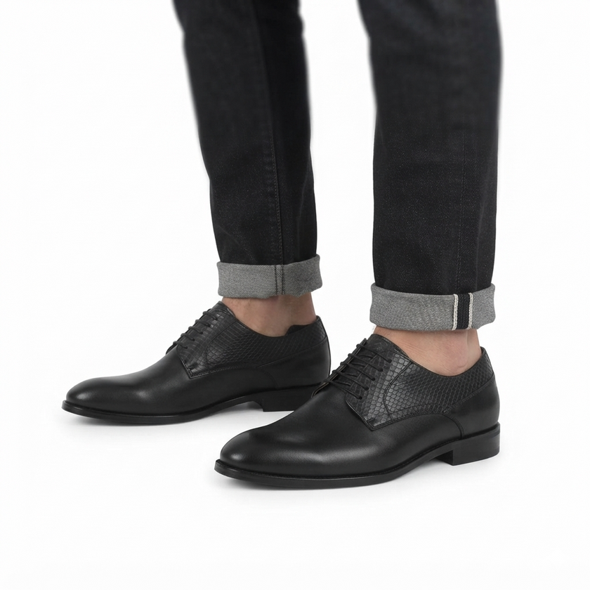 The Kensington Noir Crocodile Leather Derby Shoes with Embossed Cap Toe Detailing, Textured Collar and Sleek Executive Silhouette for Men