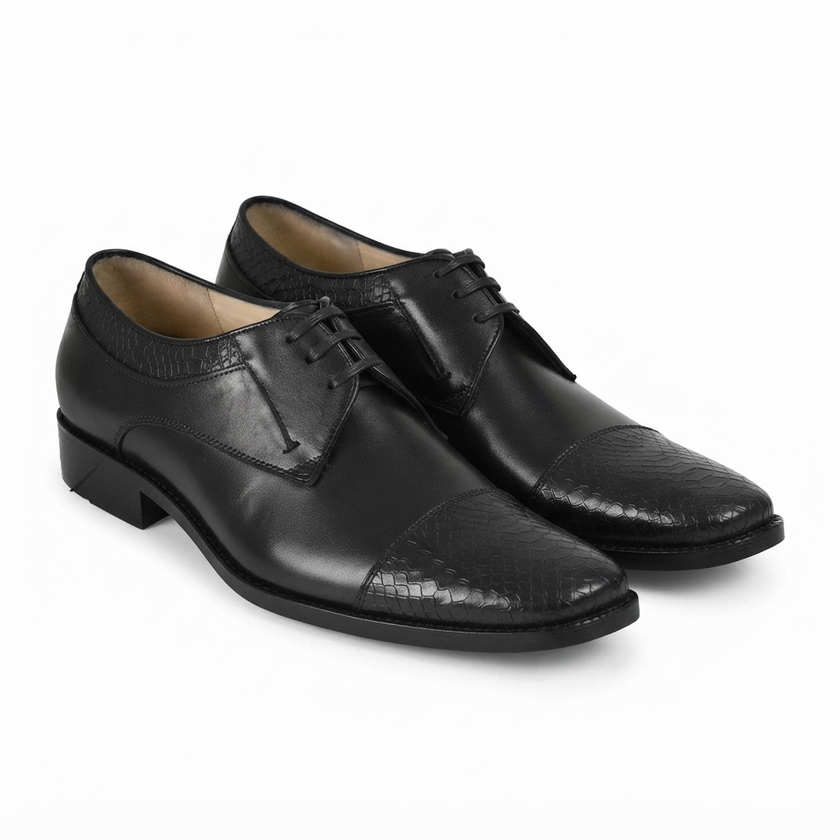 The Kensington Noir Crocodile Leather Derby Shoes with Embossed Cap Toe Detailing, Textured Collar and Sleek Executive Silhouette for Men
