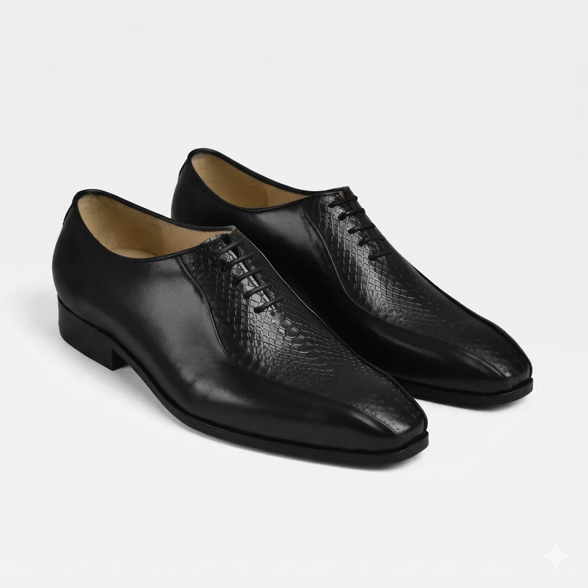 The Verona Royale Noir Croc Embossed Leather Lace Up Oxfords with Sculpted Silhouette and Refined Italian Inspired Finish for Men