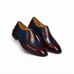 The Bordeaux Royale Two Tone Leather Oxford Dress Shoes with Deep Navy Panels, Rich Burgundy Accents and Elegant Hand Finished Styling for Men
