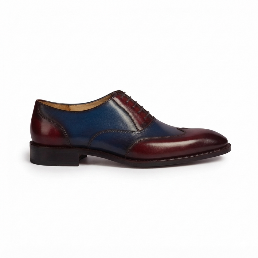 The Bordeaux Royale Two Tone Leather Oxford Dress Shoes with Deep Navy Panels, Rich Burgundy Accents and Elegant Hand Finished Styling for Men
