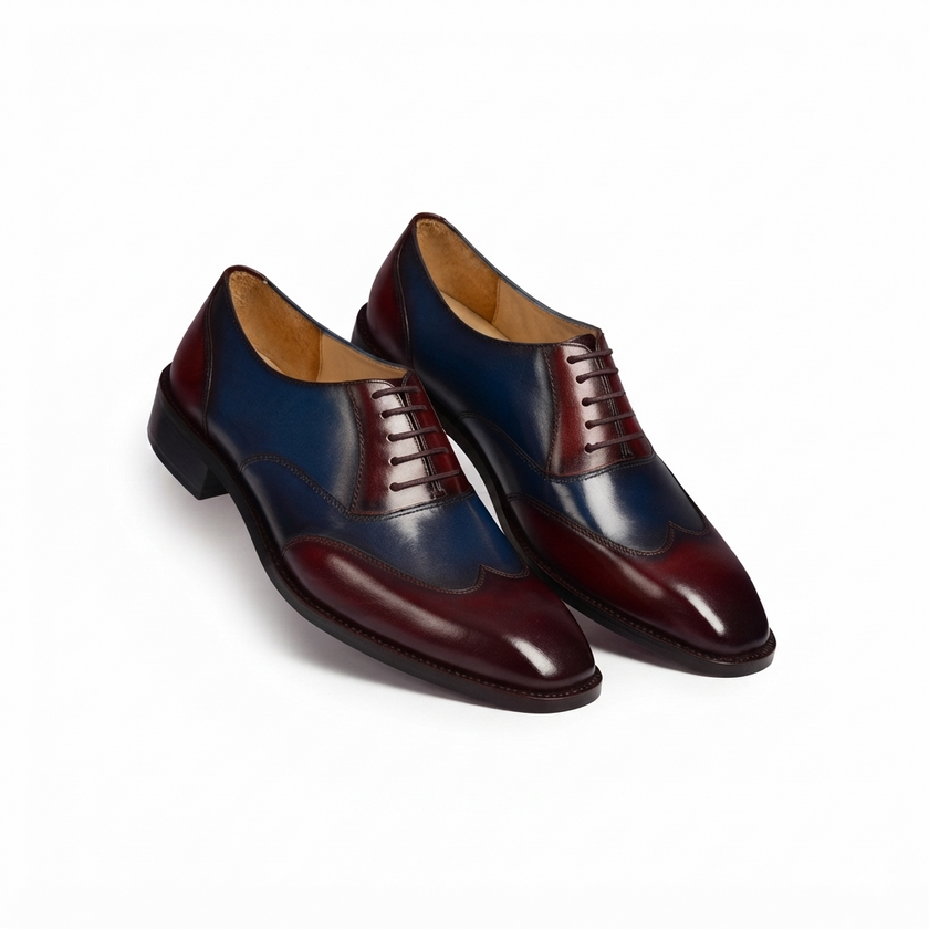 The Bordeaux Royale Two Tone Leather Oxford Dress Shoes with Deep Navy Panels, Rich Burgundy Accents and Elegant Hand Finished Styling for Men