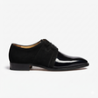 The Monaco Prestige Black Patent Leather Derby Shoes with Luxurious Suede Overlays, Sculpted Pointed Toe and Distinctive Formal Elegance for Men