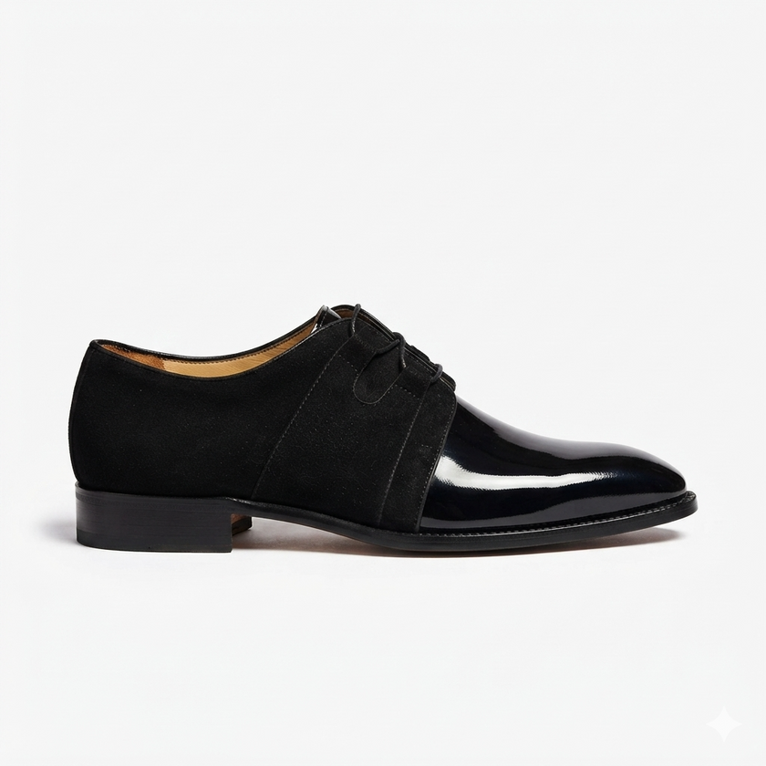 The Monaco Prestige Black Patent Leather Derby Shoes with Luxurious Suede Overlays, Sculpted Pointed Toe and Distinctive Formal Elegance for Men