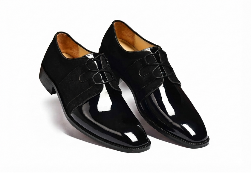 The Monaco Prestige Black Patent Leather Derby Shoes with Luxurious Suede Overlays, Sculpted Pointed Toe and Distinctive Formal Elegance for Men