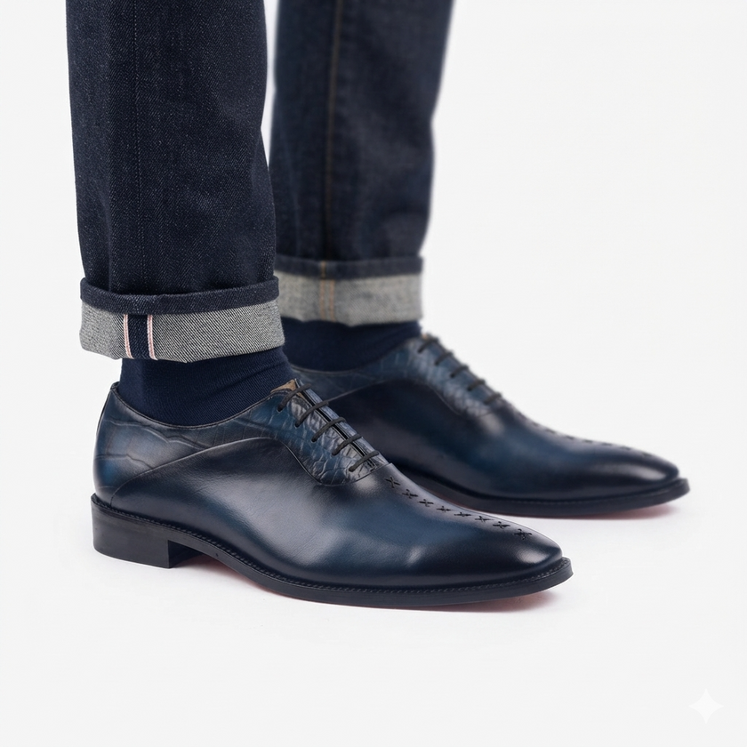 The Oxford Royale Midnight Navy Leather Dress Shoes with Textured Embossed Lace Panels, Handcrafted Cross Stitch Detailing and Refined Executive Styling for Men