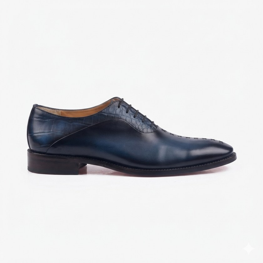 The Oxford Royale Midnight Navy Leather Dress Shoes with Textured Embossed Lace Panels, Handcrafted Cross Stitch Detailing and Refined Executive Styling for Men