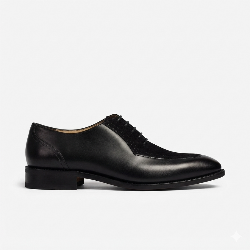 The Milano Prestige Black Leather Oxfords with Refined Brogue Perforations, Elegant Lace Up Styling and Classic Leather Sole for Men