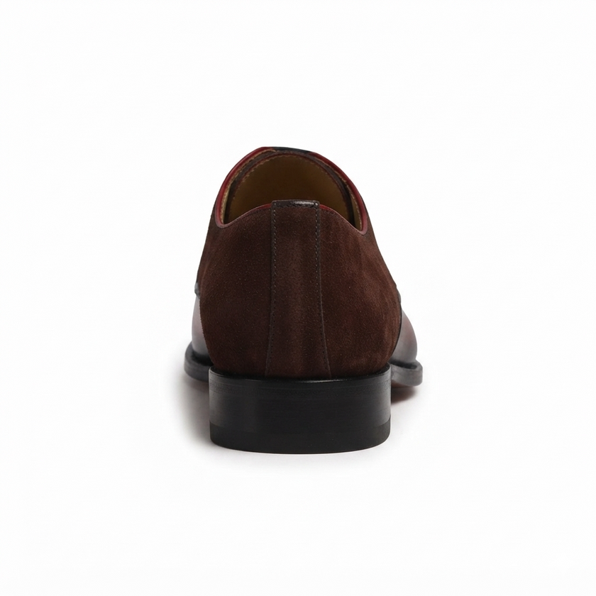 The Verona Royale Two Tone Leather Oxford Shoes for Men with Rich Chestnut Brown Finish, Contrasting Suede Quarters, Sculpted Apron Detailing and Elegant Black Sole