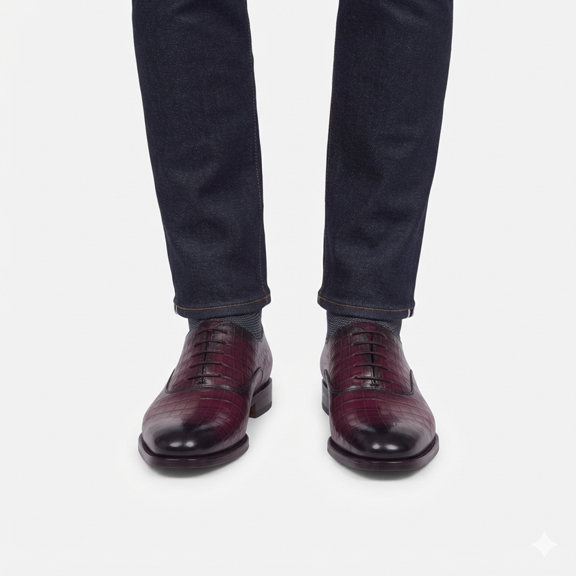 The Bordeaux Royale Crocodile Embossed Leather Oxford Shoes for Men with Deep Burgundy Gloss Finish, Sleek Black Accents and Refined Luxury Formal Styling