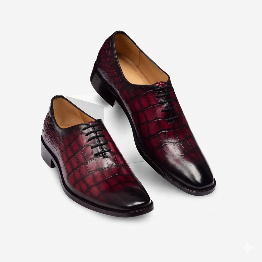 The Bordeaux Royale Crocodile Embossed Leather Oxford Shoes for Men with Deep Burgundy Gloss Finish, Sleek Black Accents and Refined Luxury Formal Styling