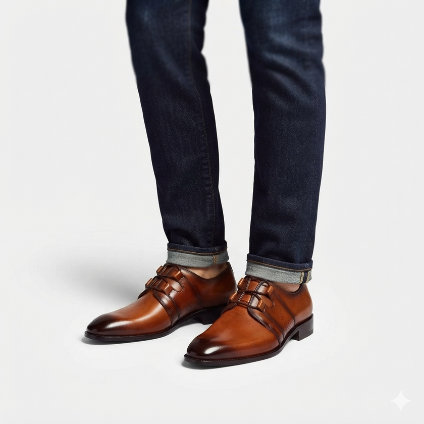 The Monaco Prestige Cognac Leather Derby Shoes with Sculpted Lace Panels, Refined Perforated Accents and a Luxurious Polished Finish for Men