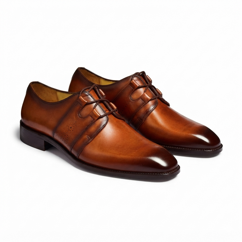 The Monaco Prestige Cognac Leather Derby Shoes with Sculpted Lace Panels, Refined Perforated Accents and a Luxurious Polished Finish for Men
