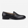 The Milano Prestige Handcrafted Black Leather Loafers with Intricate Woven Vamp Detailing and Elegant Gold Buckle Accents for Men