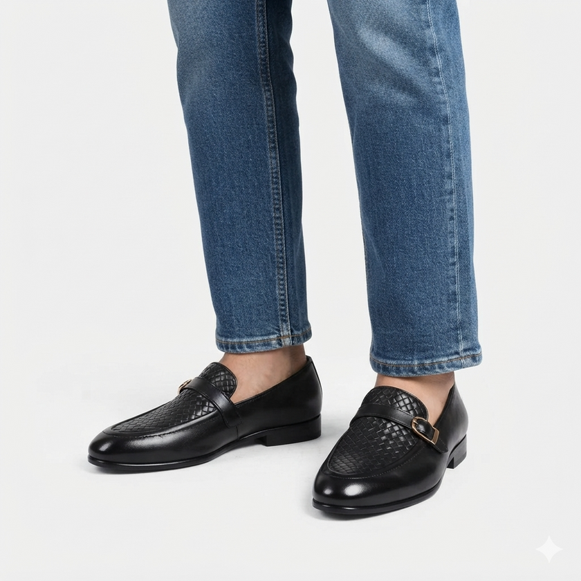The Milano Prestige Handcrafted Black Leather Loafers with Intricate Woven Vamp Detailing and Elegant Gold Buckle Accents for Men